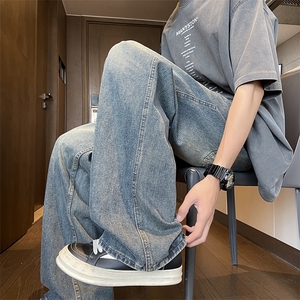 复古高街vibe做旧直筒微喇牛仔裤男潮牌小众宽松休闲裤55211-p45图片