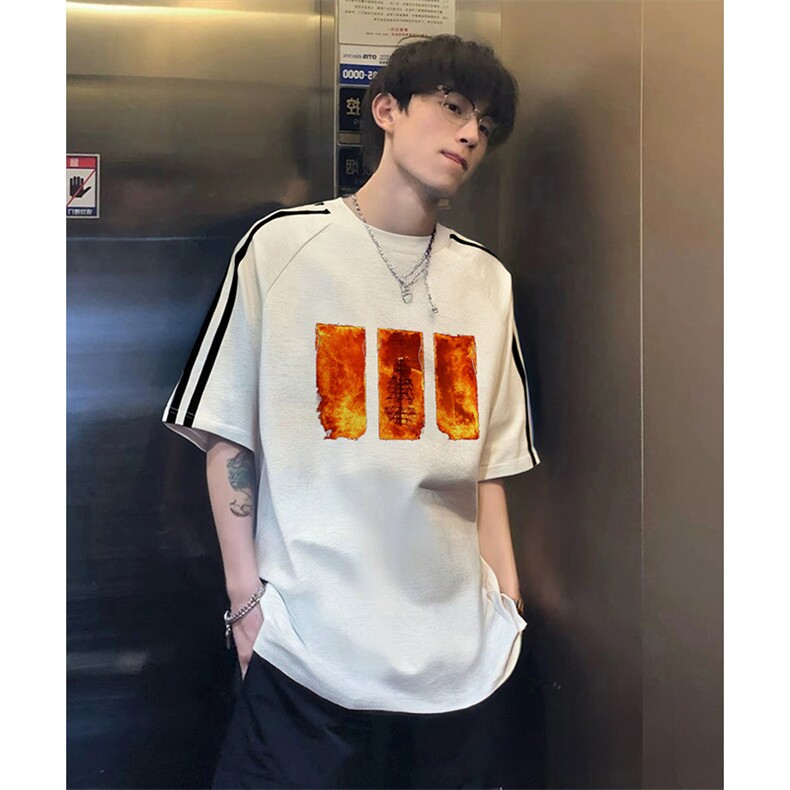 抖音得物高品质二开240克宽松纯棉美式潮牌三条杠织带短袖T恤，男装T恤，电商A486-1