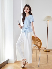 2025年夏季时尚潮流麻短袖两件套九分裤，女装套装/套裙，秀美人生