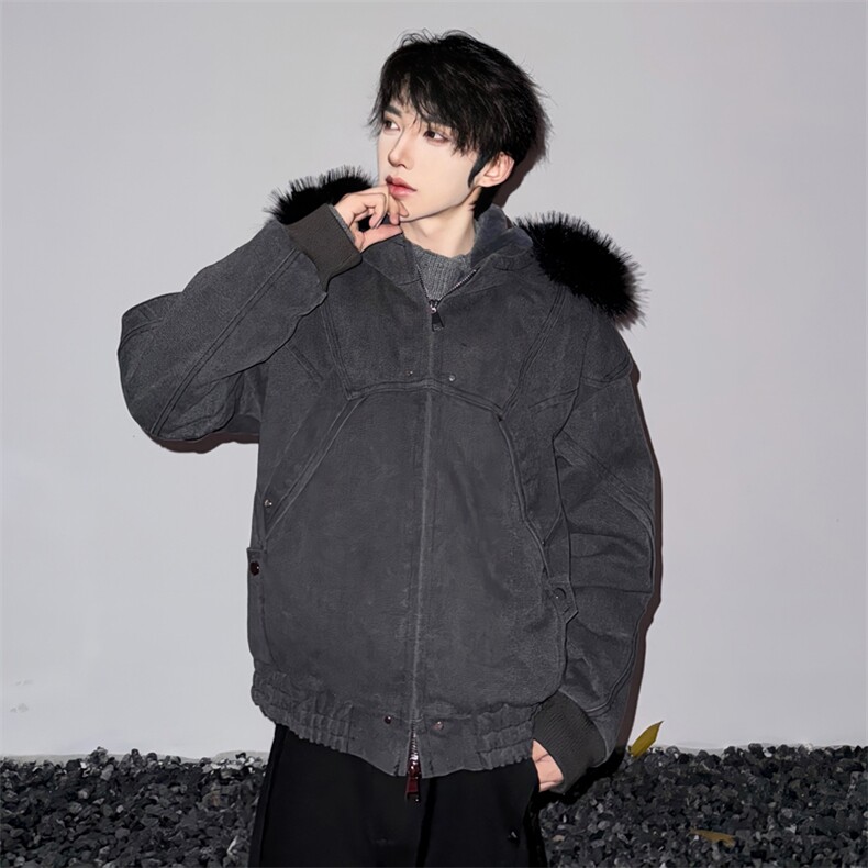 (自家图）冬韩系复古做旧纯色棉服重磅帆布水洗廓形夹克3015-P210,男装夹克,星座910-5