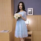 优雅蕾丝连衣裙女夏季新款气质修身显瘦中长款粉色裙子，女装连衣裙，贵人树
