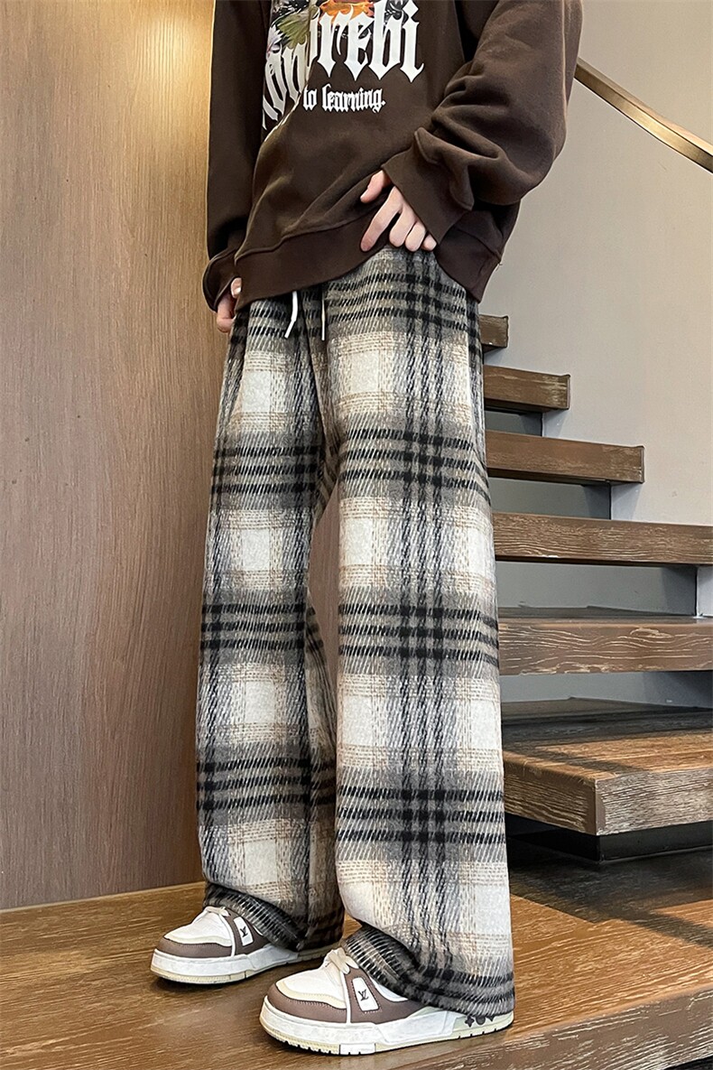 8XL-M加绒加厚毛呢黑白格休闲宽松直筒抽绳阔腿裤K990P68控88,男装休闲裤,电商D206-1