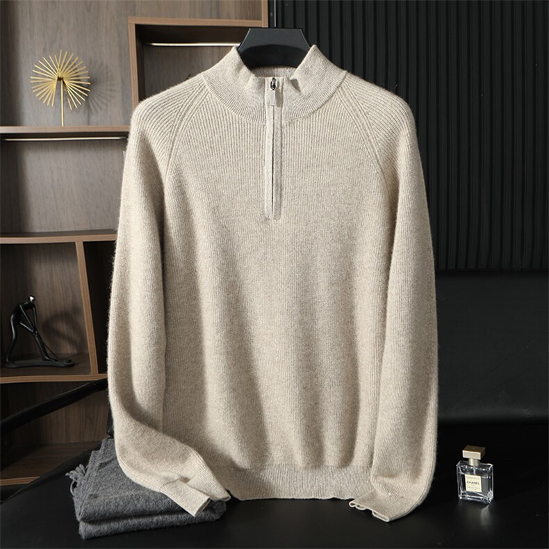 男士秋冬季新款简约休闲元宝针拉链半高领羊绒衫，男装羊绒套衫，台绒羊绒