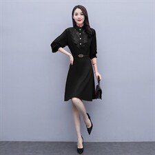 2021春季新款时尚气质立领灯笼袖拼花边连衣裙配腰带，女装连衣裙，岚衣(原川流布茜）