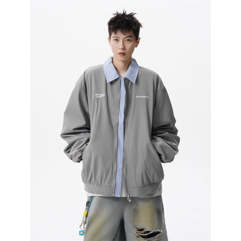 绣花假两件翻领棒球服外套男女春秋宽松潮百搭情侣夹克HH9001 P64图片