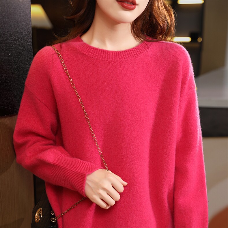 2024秋季新款圆领长袖纯色羊毛套头衫休闲百搭，女装羊毛衫，美雪羊绒