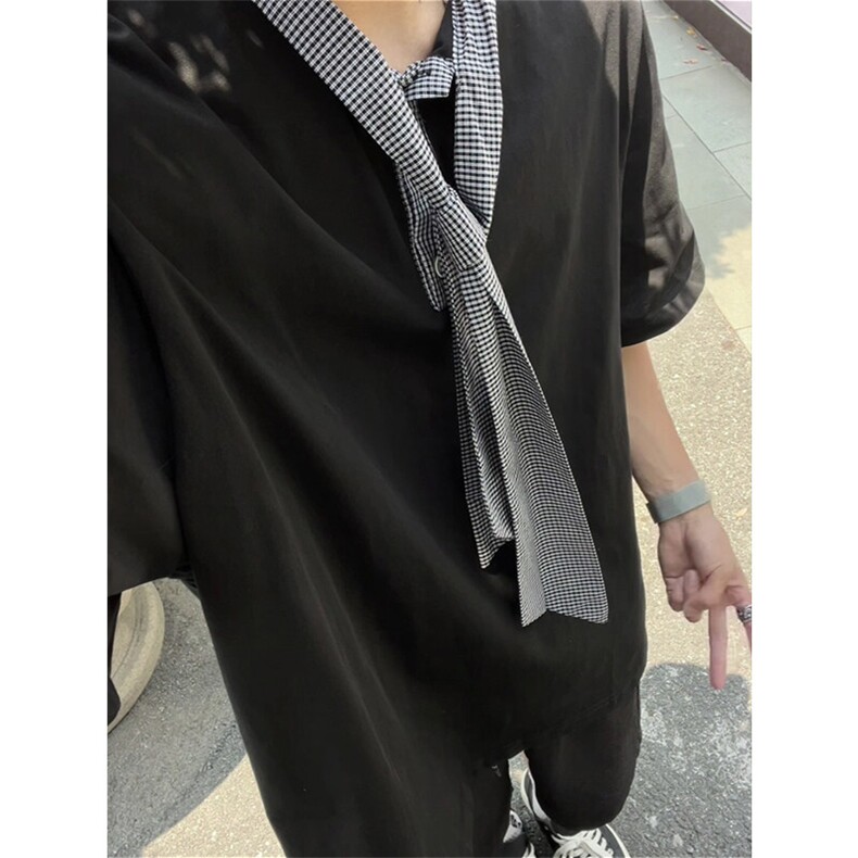 飘带丝巾领设计短袖T恤男夏季韩系chic穿搭半袖体恤T3683-特价P40,男装T恤,电商A007