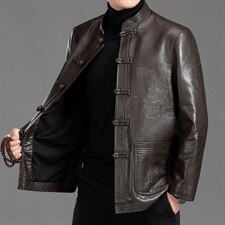 MJ-7001秋季男士休闲立领皮夹克中老年爸爸装唐装PU皮外套P110，男装皮衣，电商B360