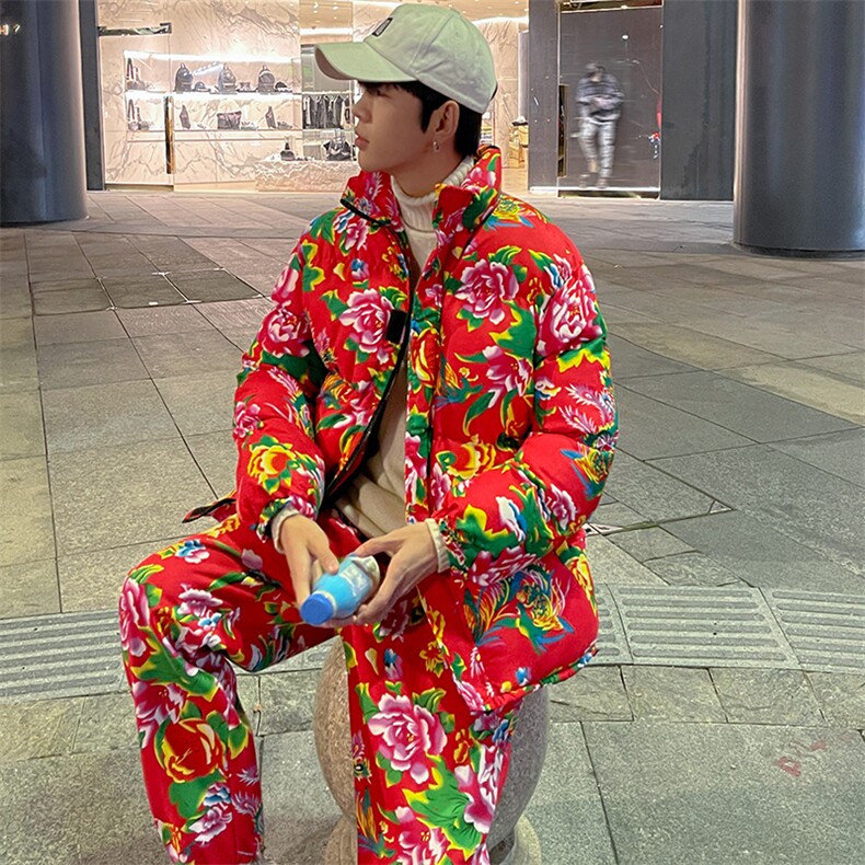 H203情侣东北大花风民族风特色牡丹大花棉袄加绒裤套装男女潮,男装棉衣,星座115A(原星座507）