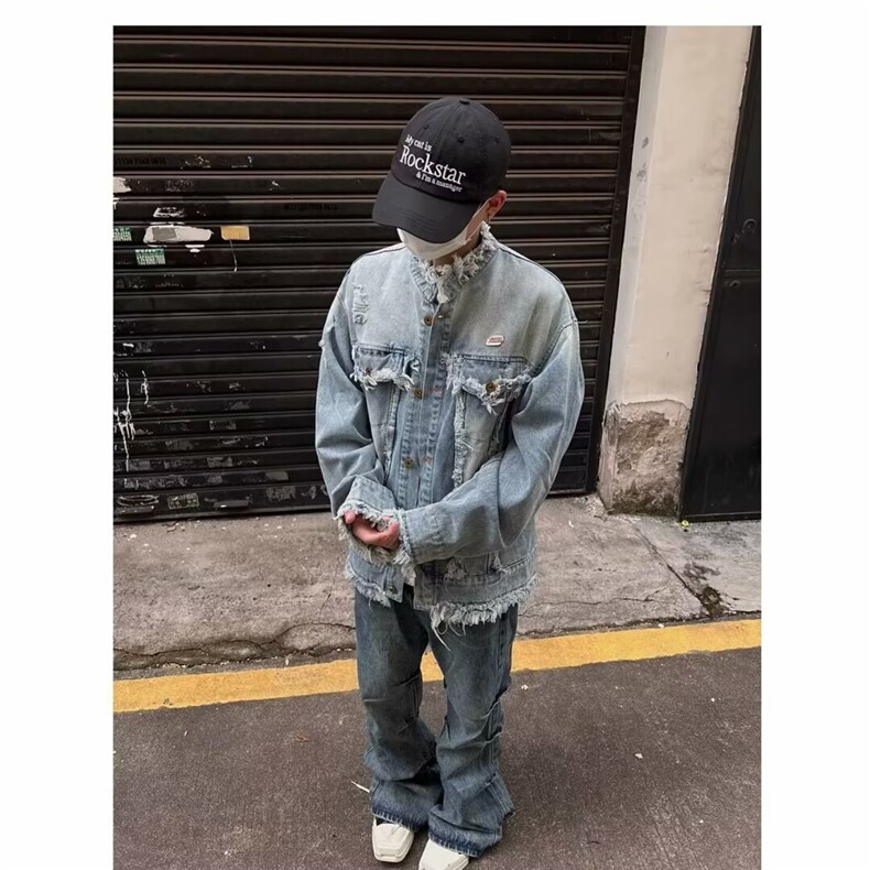 美式重工水洗做旧流苏毛边牛仔夹克男女复古潮牌休闲情侣外套上衣,男装工装外套,星座813-3