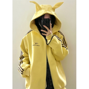 【有货】A1021CC-特P52 三杠条纹织带小恶魔耳朵连帽开衫卫衣男女图片