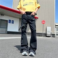 夏季绑带微喇牛仔裤男cleanfit美式高街vibe喇叭修身工装N165-P53，男装牛仔裤，星座308B-2