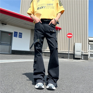 夏季绑带微喇牛仔裤男cleanfit美式高街vibe喇叭修身工装N165-P53图片