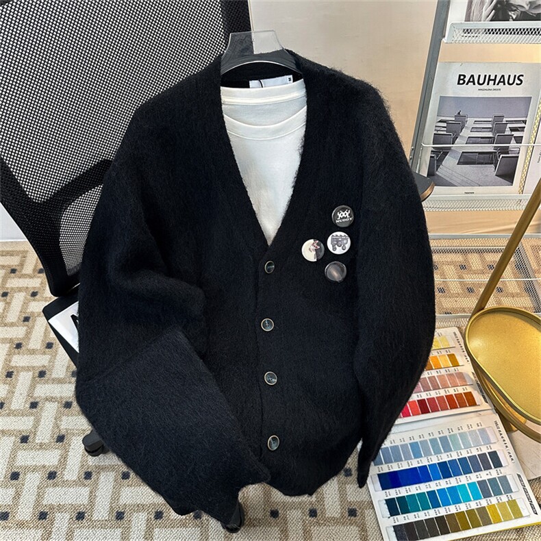 美式高级感V领针织衫胸针纽扣开衫毛衣男女宽松慵懒风秋冬外套潮，男装针织衫/毛衣，星座505-2（原电商A260-1)