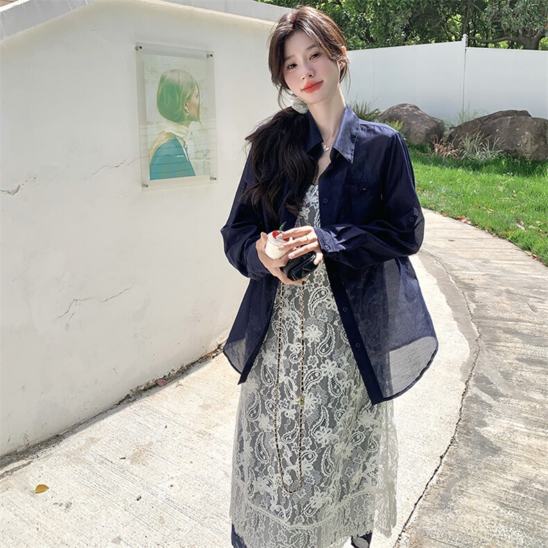 巨好看蕾丝刺绣吊带连衣裙套装女2025夏新款藏青色防晒衬衫两件套,女装套装/套裙,2C301