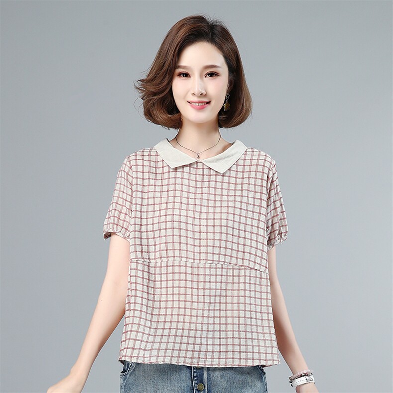 2021年夏季短袖纽扣通勤立领套头文艺小方格上衣,女装大码女装,叶笙衣