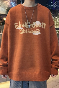 1港风长袖印花毛线毛衣男宽松休闲圆领套头针织衫7473P48加绒P55图片