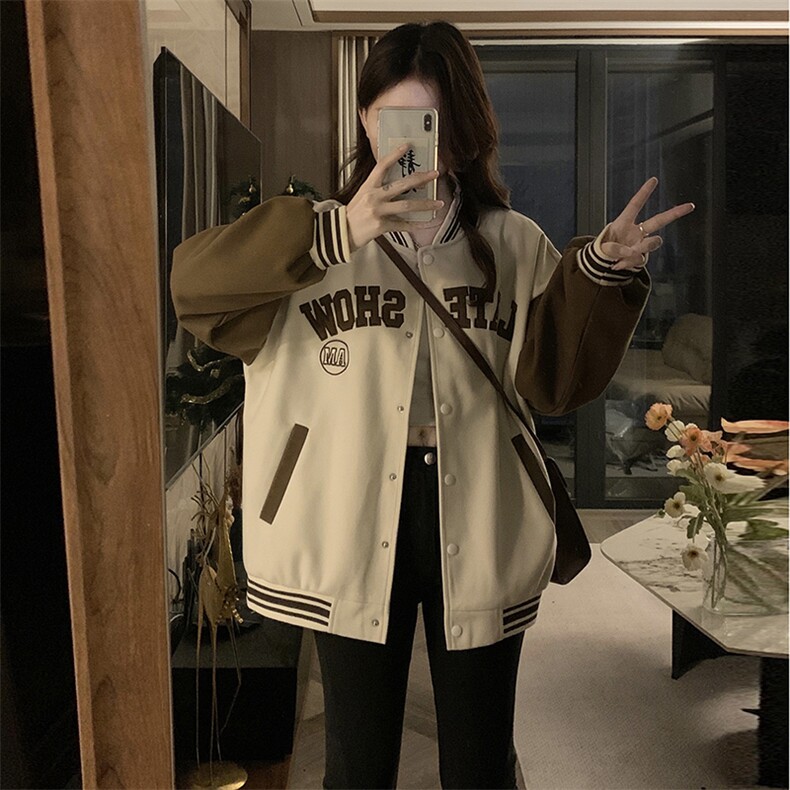 春季棒球服绣花拼接新款连帽卫衣开衫女宽松学生上衣外套C689-88,女装短外套,星座911-2(原星座613-2）