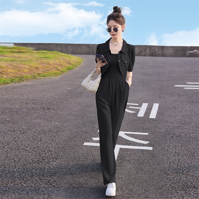 2024年夏款薄款外套吊带连体阔腿裤时尚气质两件套,女装套装/套裙,瑶迪