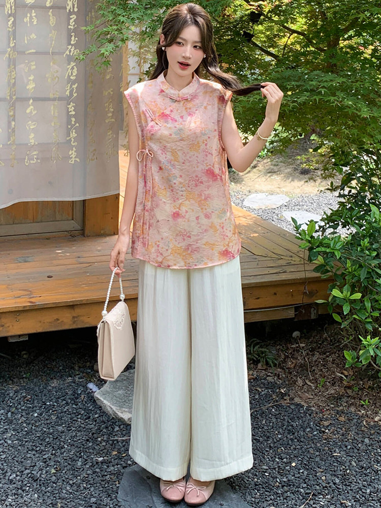 新中式g风套装女2026夏季流行复古印花盘扣旗袍上衣阔腿裤两件套,女装套装/套裙,超帛