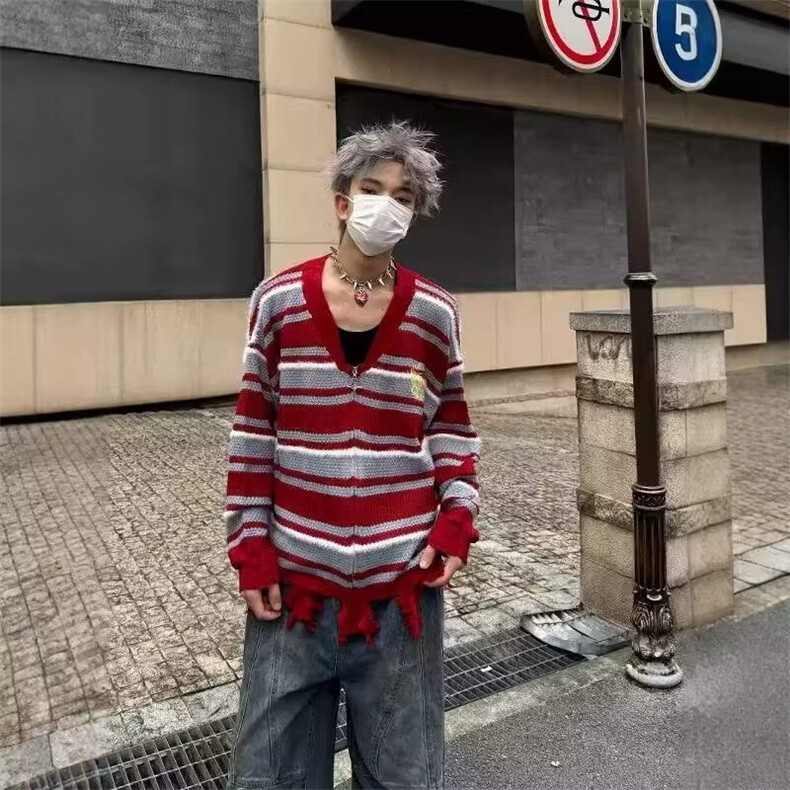 M253-P50 美式复古条纹情侣针织外套男冬季小众破坏感宽松图片