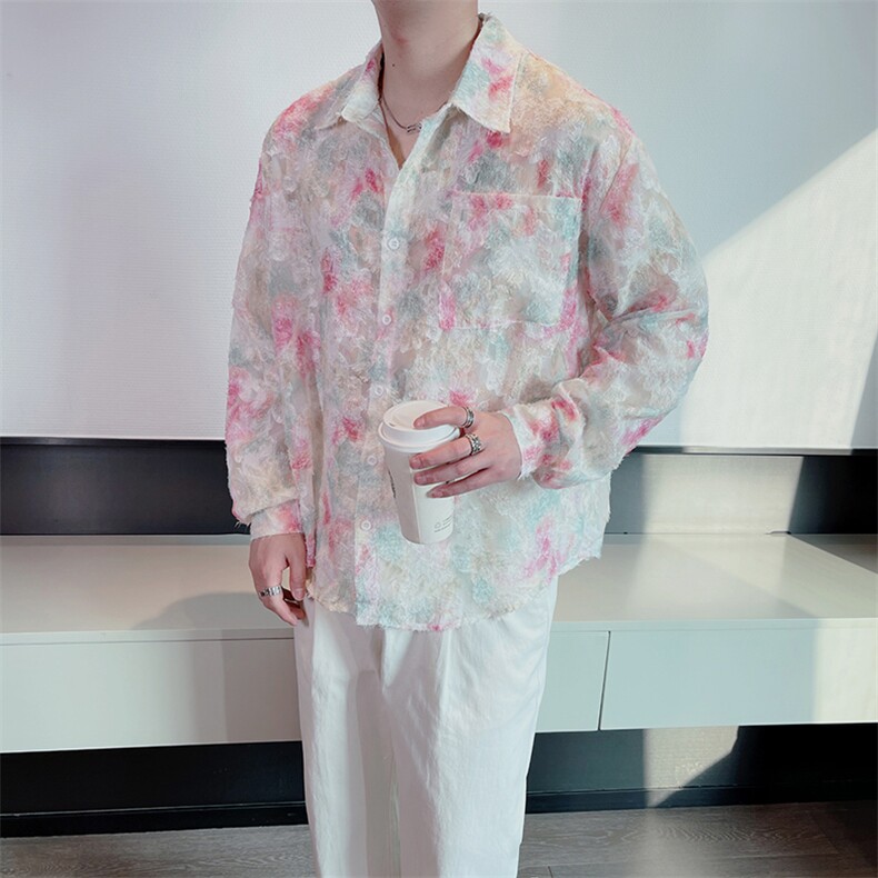 韩版小众设计感男士碎花衬衫长袖潮流薄款宽松防晒衬衣CS852-P65,男装防晒衣,电商B267