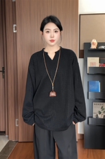 新款270g雪尼尔小香风波浪条纹V领大码长袖T恤男T24547特P25控58，男装T恤，电商A001-1