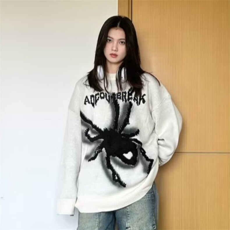 美式街头刺绣蜘蛛毛衣女秋冬2025慵懒chic潮流百搭针织衫上衣,男装针织衫/毛衣,星座506A