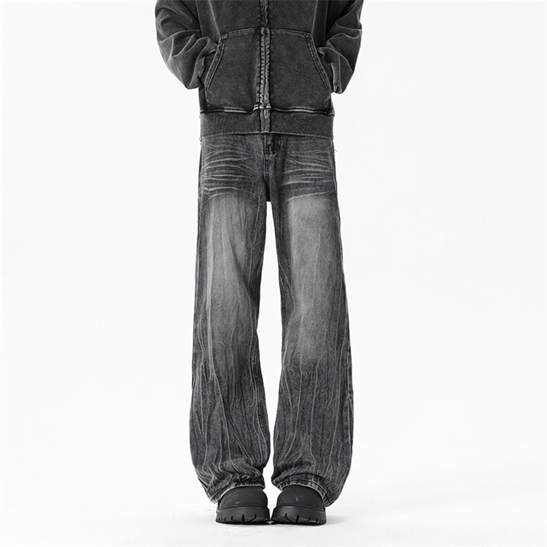 美式复古弯刀牛仔裤男秋款高级感水洗微喇裤子cleanfit直筒阔腿裤，男装牛仔裤，电商B221