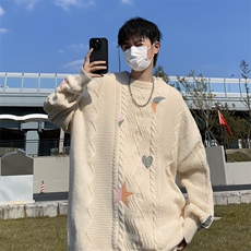 B219-P60日系复古oversize麻花毛衣男秋冬新款慵懒风套头针织衫，男装针织衫/毛衣，星座512-6