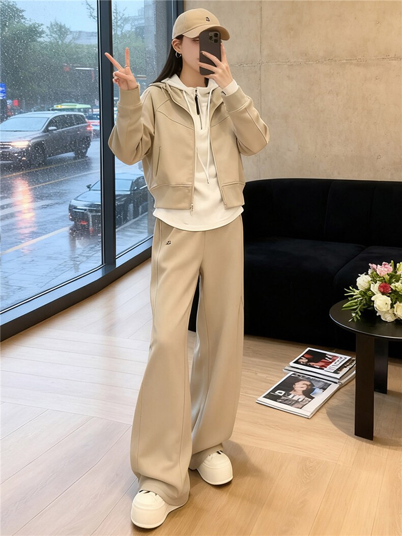 高级感时尚休闲套装女春季纯色连帽卫衣内搭白色背心阔腿裤三件套,女装套装/套裙,江南
