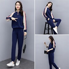 休闲运动套装女2025春秋新款韩版时尚拼接立领宽松跑步卫衣两件套，女装套装/套裙，凯瑟曼