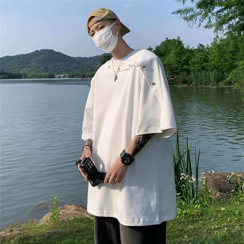 夏季高级感垫肩短袖T恤男解构拼接纽扣设计感韩版简约上衣潮,男装T恤,星座716-4