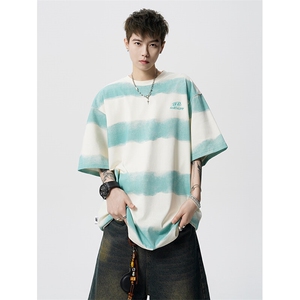 8XL-M 高品质纯棉扎染条纹短袖T恤男宽松美式复古半袖情侣DX339图片