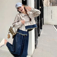 春现复古条纹牛仔拼接套装B190-5016-P170-K238，女装套装/套裙，2B190