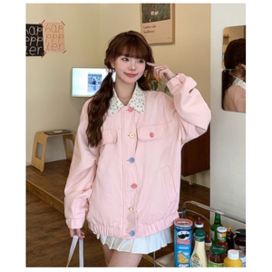 F241012-P88多巴胺韩系粉色夹克外套翻领拼色印花宽松棒球服上衣