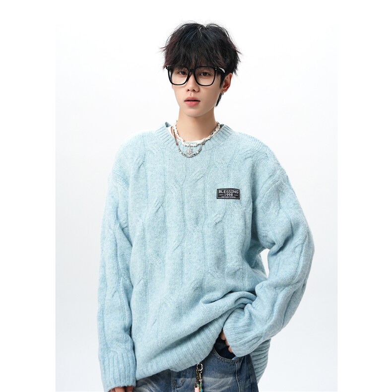 8XL-M圆领毛衣男秋冬慵懒风宽松情侣装麻花针织羊毛衫MY19004P68,男装针织衫/毛衣,电商B312