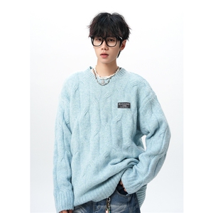 8XL-M圆领毛衣男秋冬慵懒风宽松情侣装麻花针织羊毛衫MY19004P68