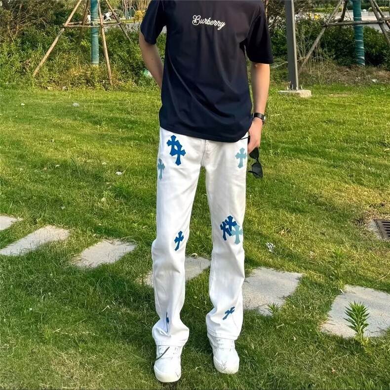 网红~十字架皮标白牛直筒百搭牛仔裤CK727/P55,男装皮裤,电商B350