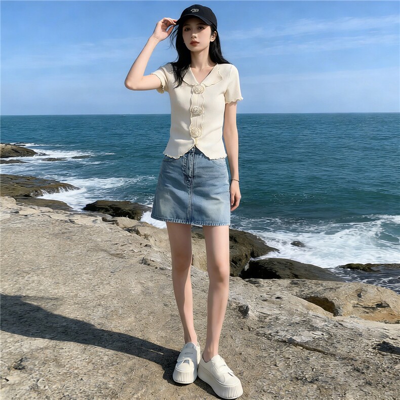 高级感时尚减龄套装女夏V领立体花朵短袖上衣蓝色牛仔短裙两件套,女装套装/套裙,江南