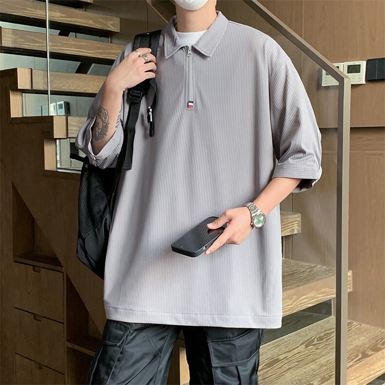PL9053/P35冰丝短袖POLO衫男夏季宽松纯色上衣美式潮牌半拉链t恤，男装Polo衫，电商A141