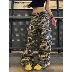 美式复古迷彩牛仔裤春秋高腰直筒宽松阔腿工装长裤潮NB196-P53，男装牛仔裤，星座208-5