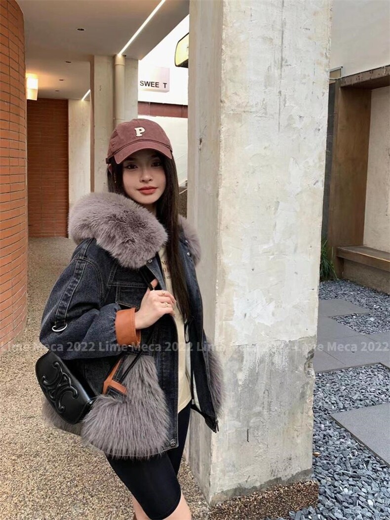 【现货】2022冬季羽绒服环保毛拼接牛仔羽绒服，女装羽绒服，Lime meca 俪米