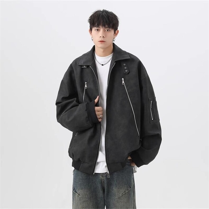 733-P60美式复古翻领PU皮衣外套男春季高级感潮牌宽松机车,男装皮衣,电商B323A