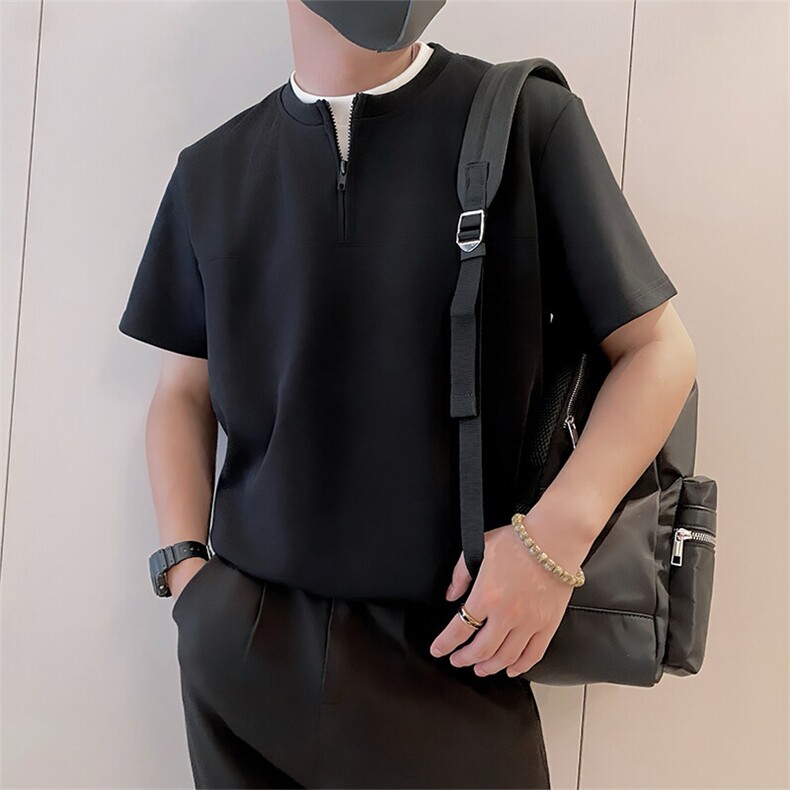 8972/P58控78夏季小伙假两件半拉链短袖T恤男轻奢老钱风上衣黑色2,男装T恤,星座305B