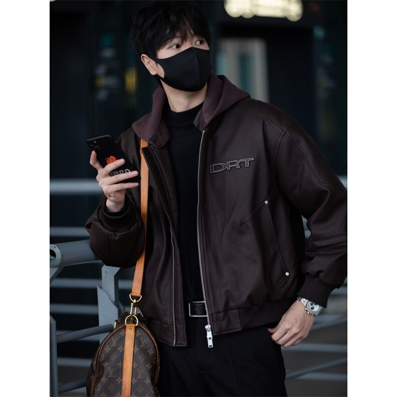 标50绒街拍男士连帽可拆卸PU皮羽绒服保暖外套B338-5066-P275,男装羽绒服,电商B338