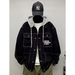 秋冬款男牛仔夹克衫连帽工装大口袋字母印花外套JK027 P70图片