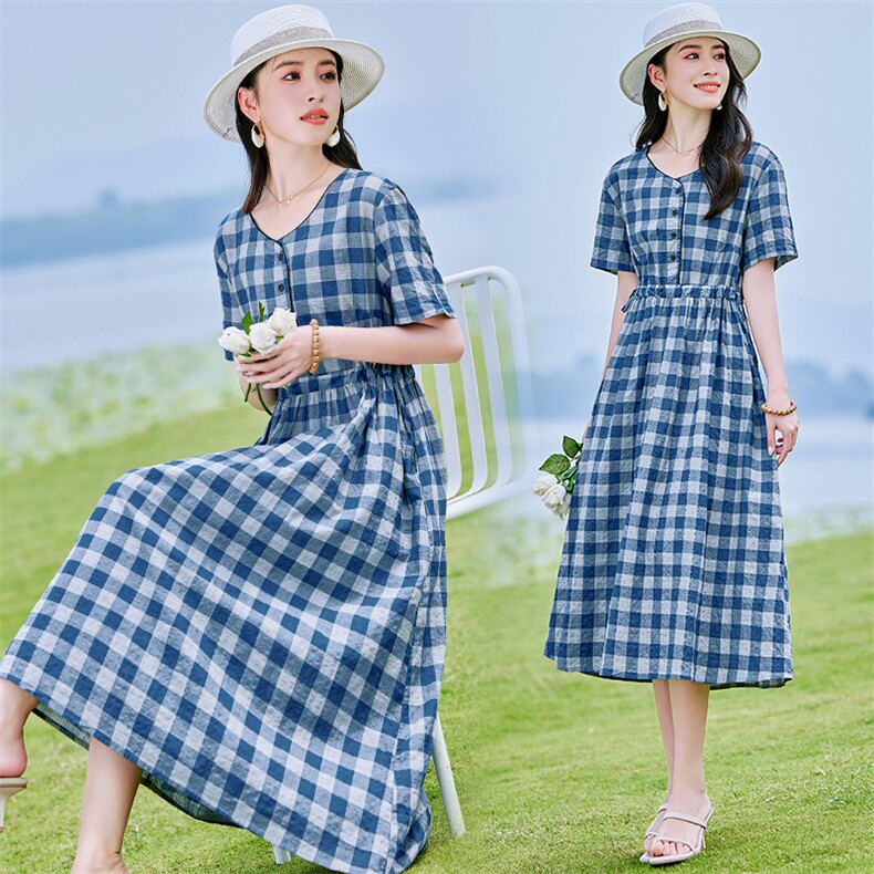 棉麻连衣裙夏季2025新款衣服大码女装高端精致气质宽松格子长裙子,女装连衣裙,铭街依杨