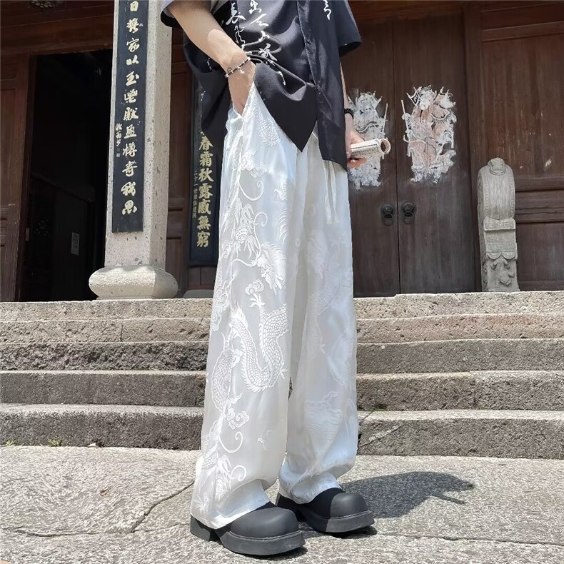 风夏男裤冰丝龙刺绣丝滑唐装直筒长裤h9540P40，男装民族服装，星座1013-1