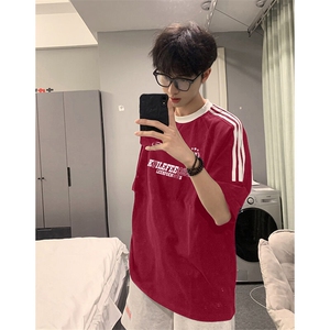夏季美式高街重磅纯棉三条杠织带撞色男女短袖T恤ZD650-特P30图片